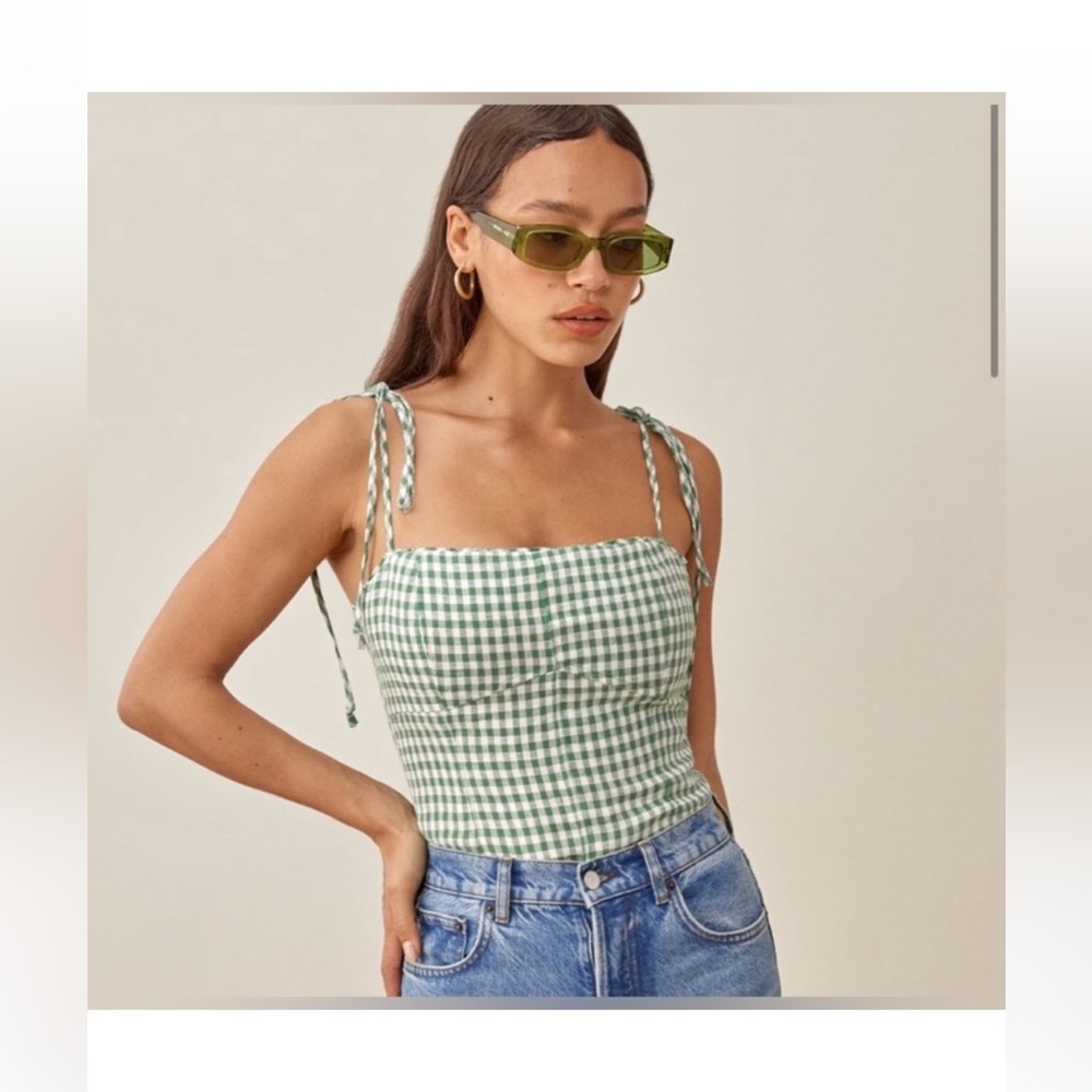 Reformation Green and White Fitted Smocked Tank Top
